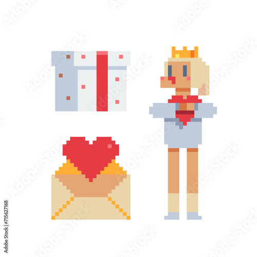 St. Valentine's day holiday. Pixel art set. Mothers Day. Gifts and girl holding heart. Greeting card or invitation design elements. Congratulation on wedding. Isolated vector illustration