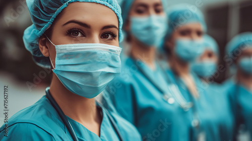 Group of female doctors that are standing in the masks and blue coats. Soft focus image shot