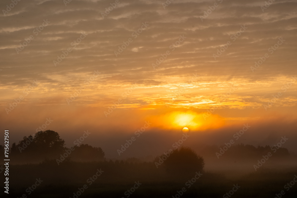 This image is a soul-stirring display of a sunrise over a mist-laden landscape. The sun, a fiery orb, hangs just above the horizon, casting a warm and vibrant glow that pierces through the fog. Layers