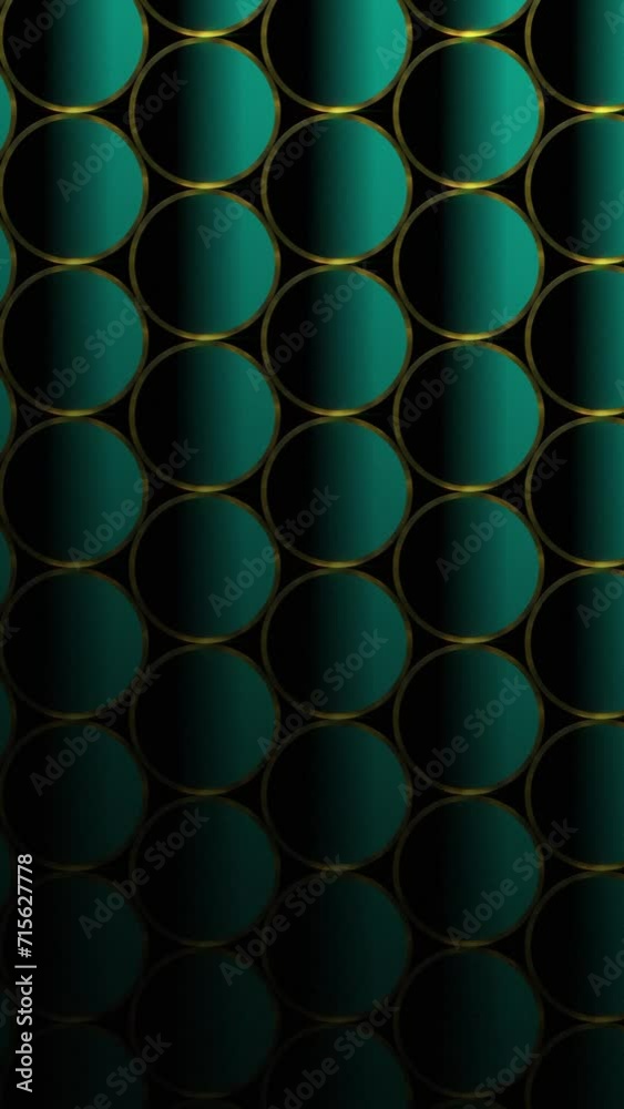 Abstract luxury grid of cyan color circles in seamless loop pattern moving from right to left partially covered with dark shadow. Circles with golden ring pattern, award and luxury background. Abstract luxury grid of cyan color circles in seamless loop pattern moving from right to left partially covered with dark shadow. Circles with golden ring pattern, award and luxury background.