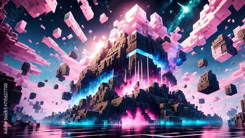 Exploding Minecraft colorful cubes. Minecraft colorful blocks. Minecraft textures and cubes. Explosive cubes. Minecraft world. Generative AI
