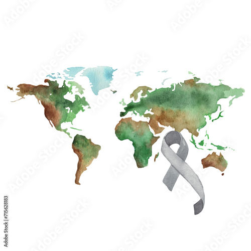 Watercolour illustration of waving ribbon and world map. Hand drawn watercolor painting on white backdrop  isolated element for design.World cancer day.