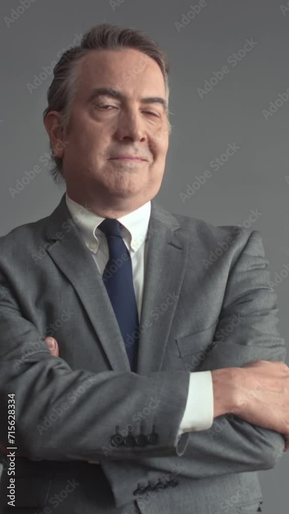 Vertical portrait of senior businessman with arms crossed on chest looking at camera in grey background Vertical portrait of senior businessman with arms crossed on chest looking at camera in grey background