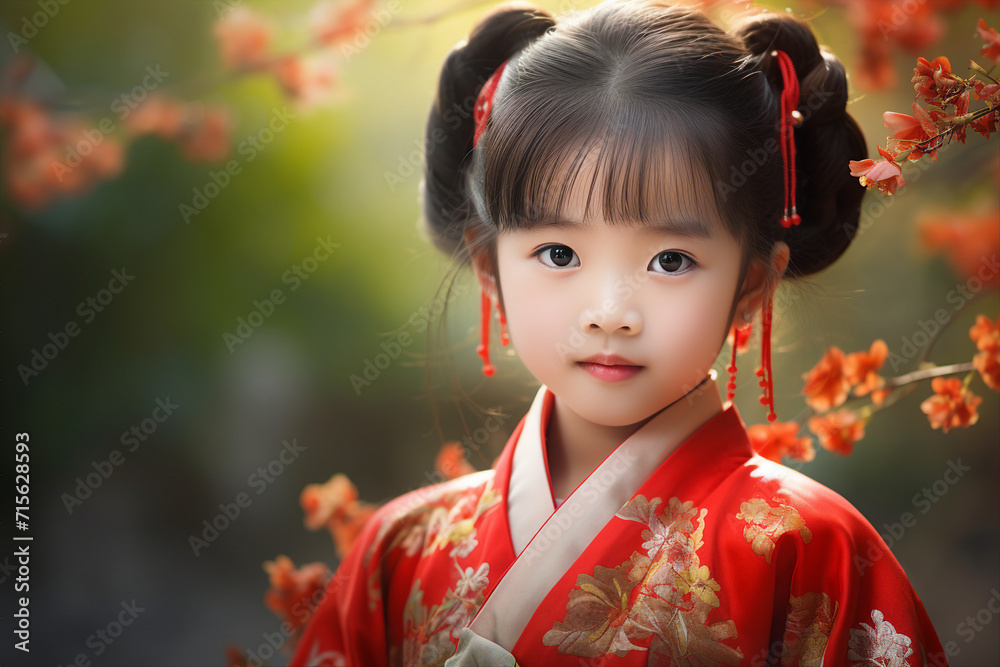 Photo of lovely adorable cute chinese girl wear traditional kimono made with generative AI Photo of lovely adorable cute chinese girl wear traditional kimono made with generative AI