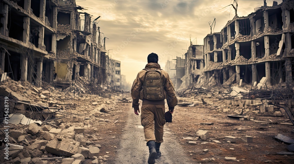 Infantryman during a special operation in bombed city. Cleansing of a captured city. Infantryman during a special operation in bombed city. Cleansing of a captured city.