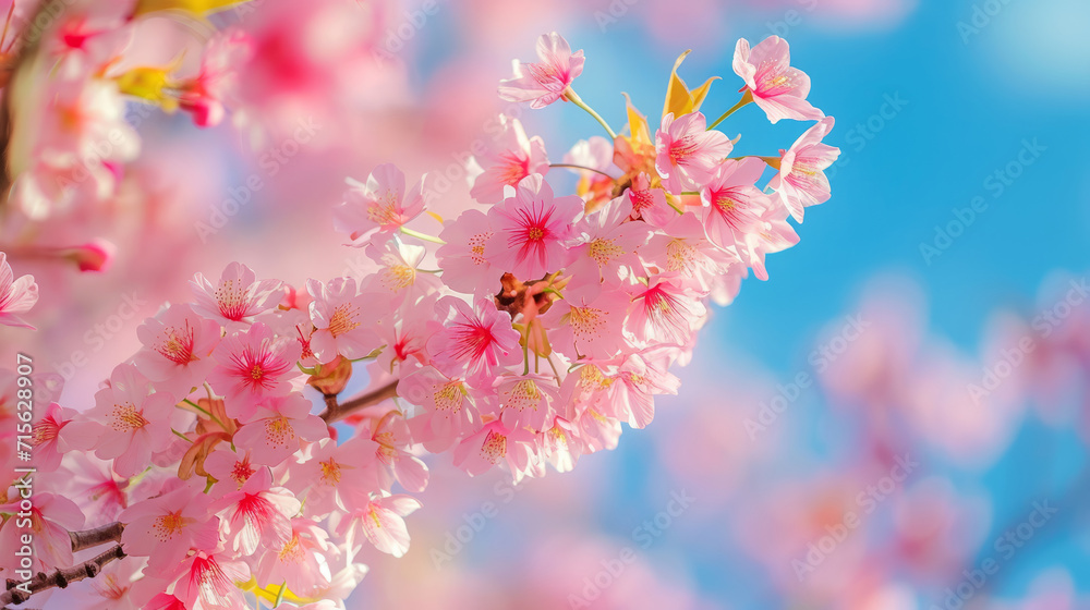 Selective focus of beautiful branches of pink blossoms on the tree under blue sky. Sakura flowers during spring season