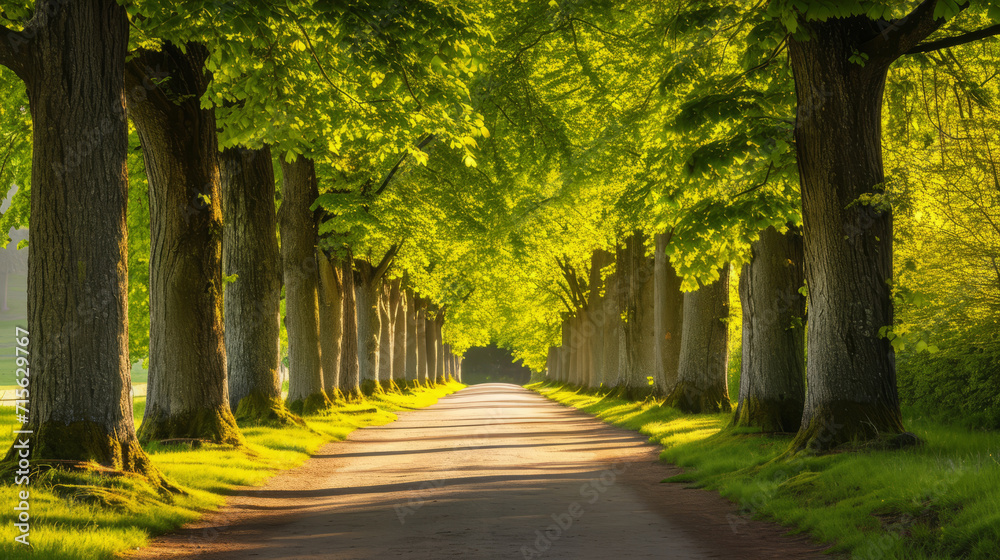Tunnel-like lime tree avenue in spring, fresh green foliage