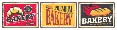Set of retro bakery signs on old tin backgrounds. Vintage sign collection with bread and pastries. Food vector image.
