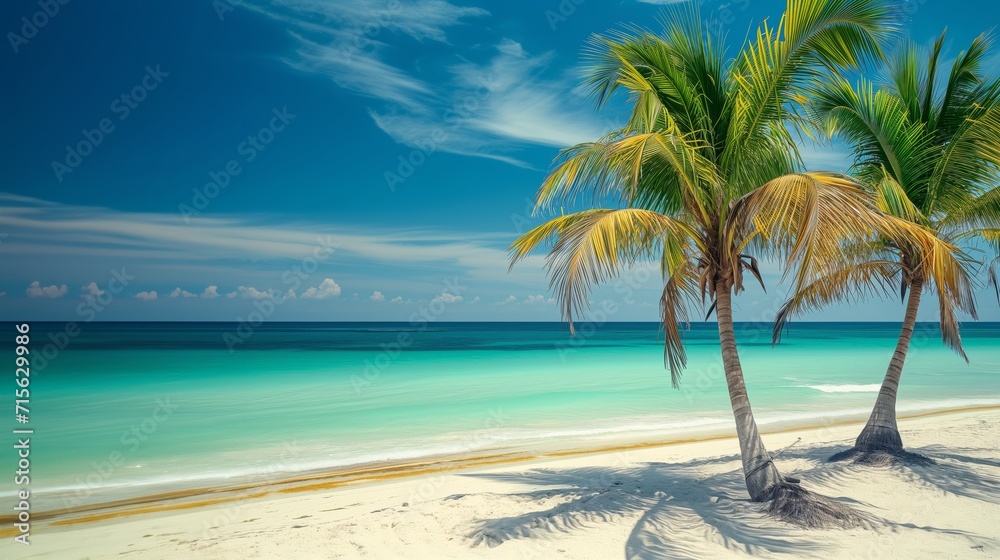 Panorama of a beautiful tropical island with palm trees and white sand beach - AI Generated