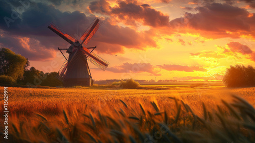 Traditional windmill in the sunset on a field