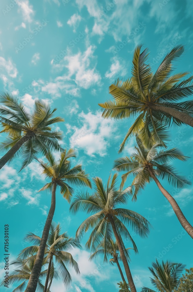 Low angle view of tropical coconut palm trees with clear blue sky - AI Generated