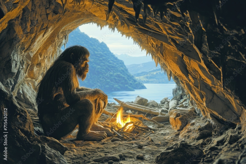 Chronicles of prehistoric life: primitive man, delving into the mysteries of early human existence, tools, culture, and survival in the ancient epochs of our evolutionary past - obrazy, fototapety, plakaty 
