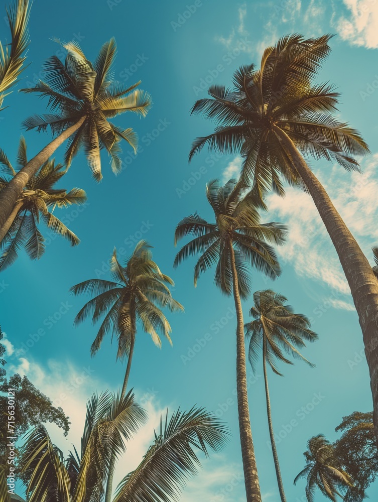 Fototapeta premium Low angle view of tropical coconut palm trees with clear blue sky - AI Generated