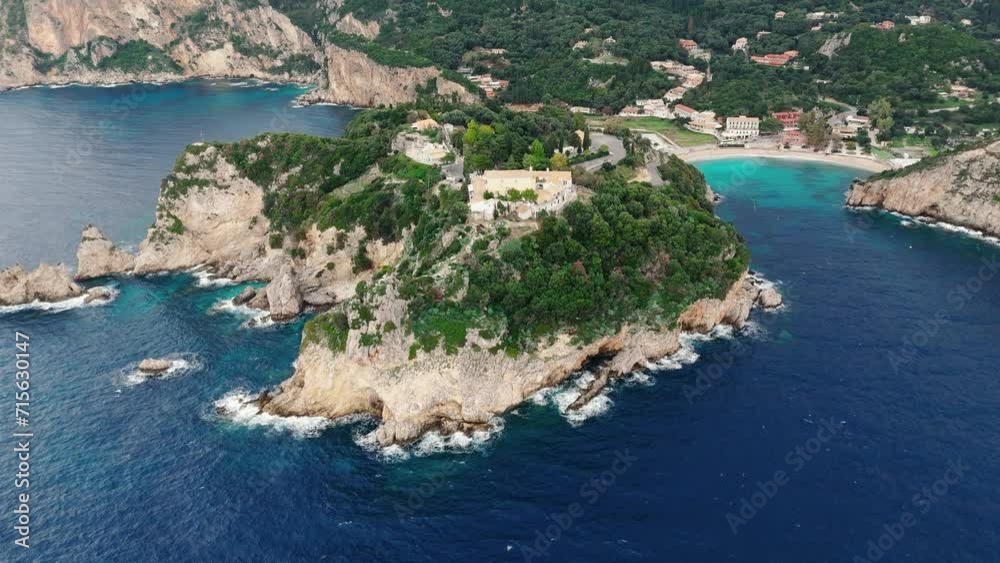 Monastery of Paleokastritsa in Corfu Greece, Aerial Drone Shot View Monastery of Paleokastritsa in Corfu Greece, Aerial Drone Shot View