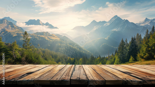 Wooden table top with the mountain landscape