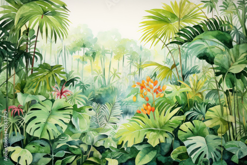 Watercolor tropical jungle foliage and flowers illustration. Wall art wallpaper