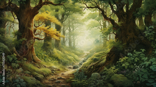 Enchanting wild forest path with watercolor effect. Wall art wallpaper photo
