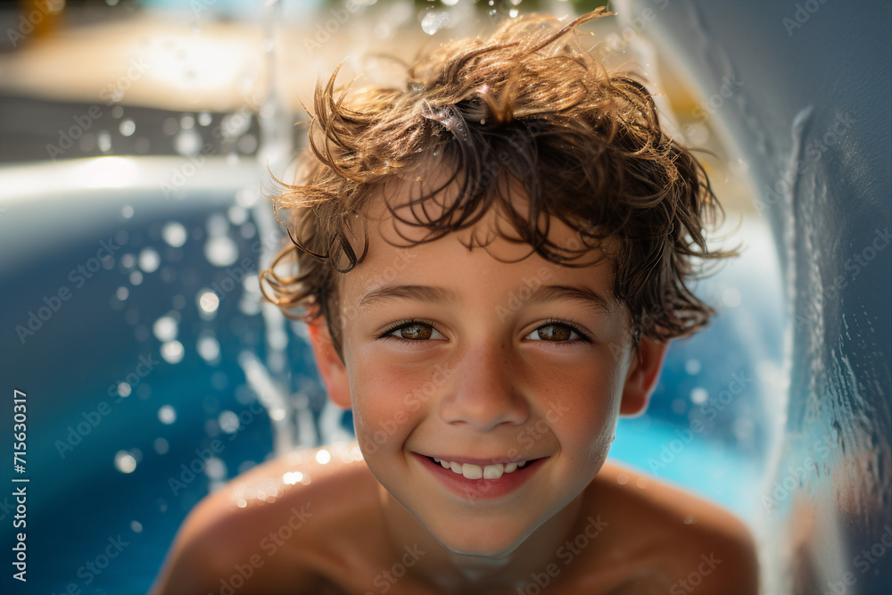 Summer holidays children in aquapark having fun sliding water splash Generative AI picture