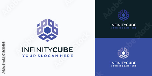 Vector logo design, combination of infinity symbols in the shape of a hexagon cube.