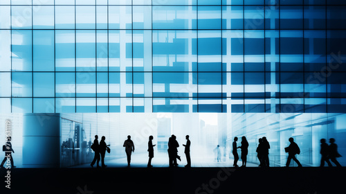 Business people in silhouette walking in an abstract urban background made of steel and glass. 