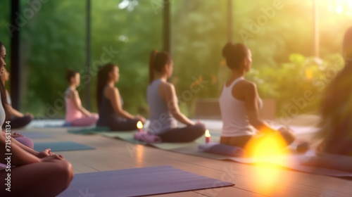Yoga class. Diverse people meditate in the lotus position in a spacious yoga studio in nature.