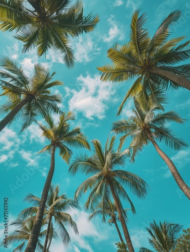 Low angle view of tropical coconut palm trees with clear blue sky - AI Generated