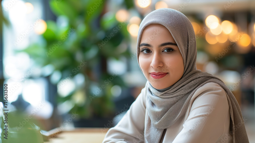 Young woman in a stylish hijab engaged in remote work at laptope. Modern co-working space setting or home office