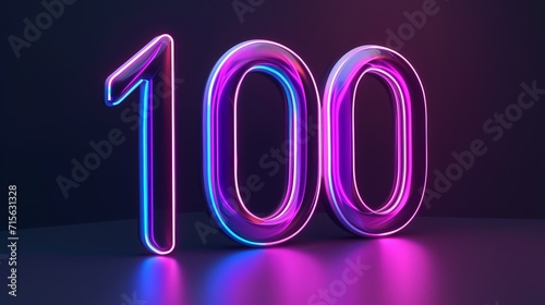Neon-lit numbers '100' glow in purple and blue with a reflective surface against a dark backdrop, giving a futuristic vibe