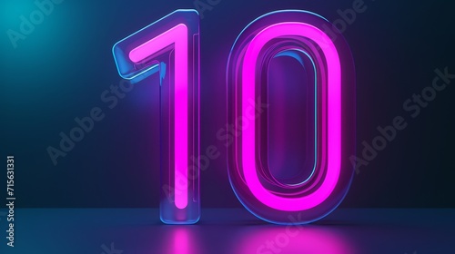 Neon-lit numbers '10' glow in purple and blue with a reflective surface against a dark backdrop, giving a futuristic vibe