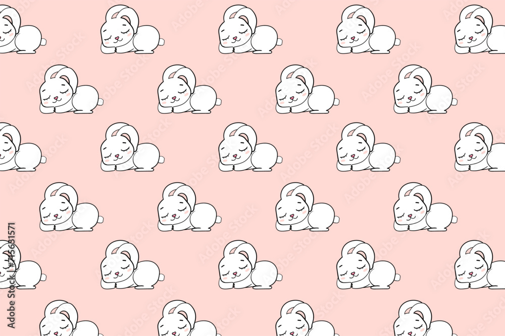 cute sleeping rabbit seamless endless pattern vector illustration on pink background