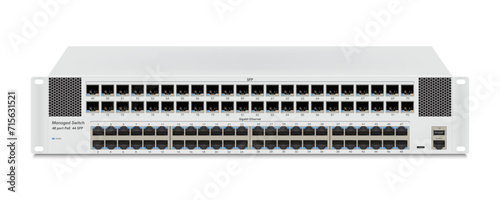 Professional network indistrial gigabit switch isolated on white background with SFP ports and RJ45 Modular plugs for solid Cat5, Cat5e, CAT6 Ethernet Cable connecters. Vector illustration.