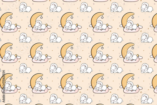 sleeping rabbit on a cloud with moon and stars seamless endless pattern vector illustration on golden background © vika33