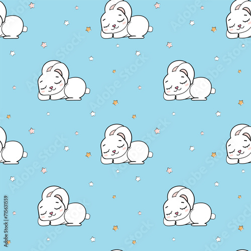 cute sleeping rabbit seamless endless pattern vector illustration on pink background on blue background with stars © vika33