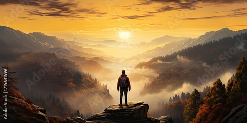Young man standing and looking at the picturesque valley with a mountain river, as the sun sets in a colorful sky