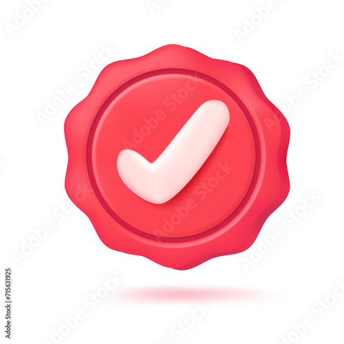 Check mark on 3D stamp. Quality guaranteed through verification. 3D Vector Illustration.