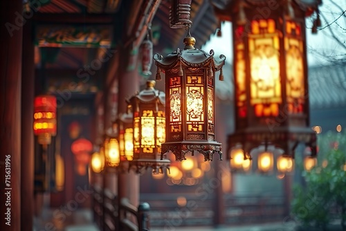 Nighttime Illumination: Chinese Temple with Lanterns and Traditional Architecture, blending elements of Art and Worship photo