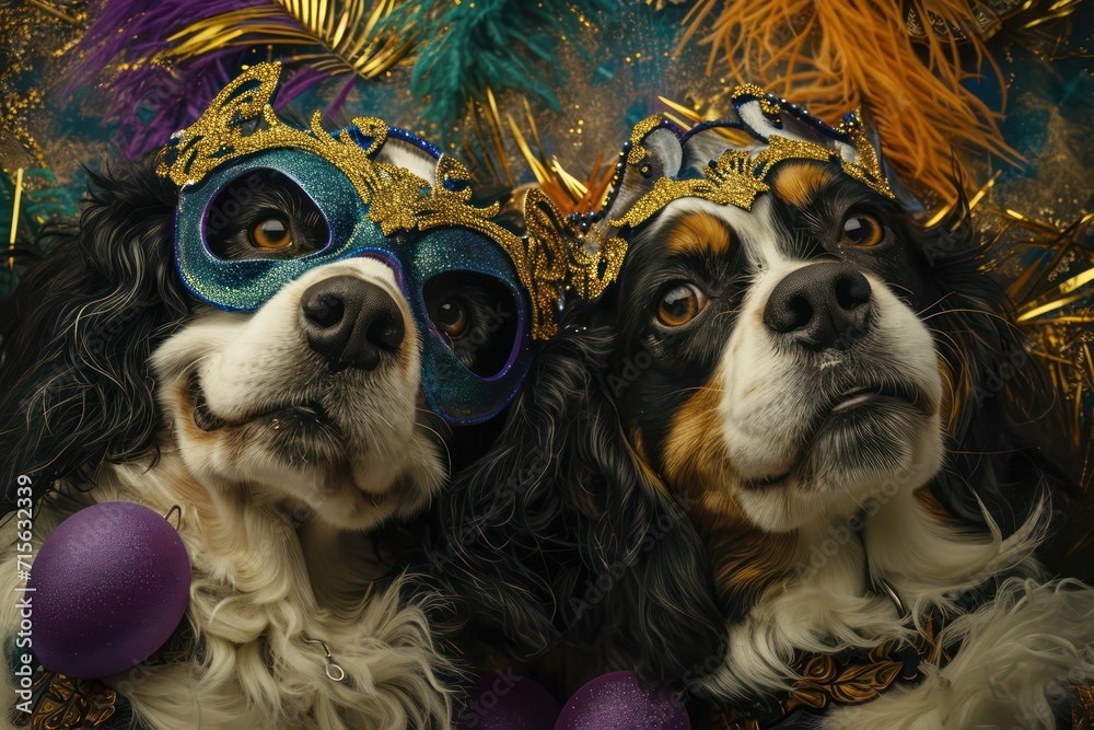 Two dogs in carnival masks, mardi gras background. Generative AI