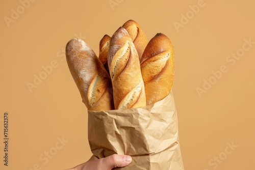 Freshly baked baguette from the bakery in man's hand. Generative AI