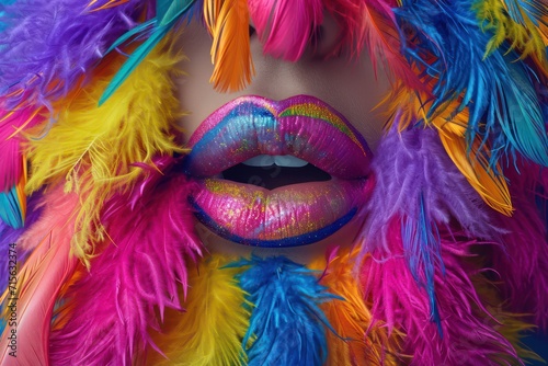 Bright makeup with colored feathers, lips close-up. Generative AI © masharinkaphotos