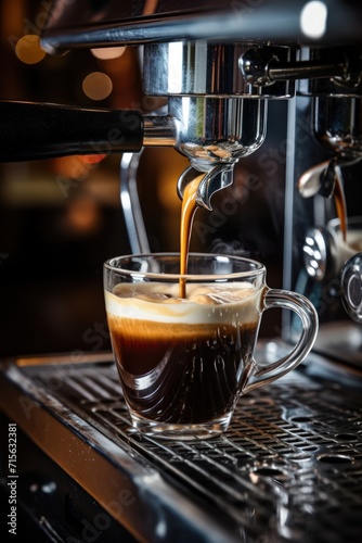 Professional coffee brewing. A Preparation of espresso coffee by using coffee machine. Espresso pouring from coffee machine. Close-up of espresso pouring from coffee machine. Vertical photo.