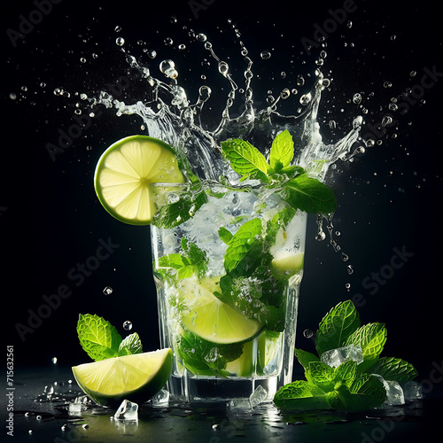 Elevated Mojito Bliss: Cocktail with Liquid Splashes, Mint Leaves, and Lime Slices in Mid-Air on Black Background