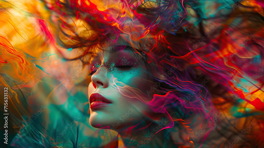 Woman Enveloped in a Kaleidoscope of Vivid Rainbow Colors, a Woman Radiates Beauty and Joy