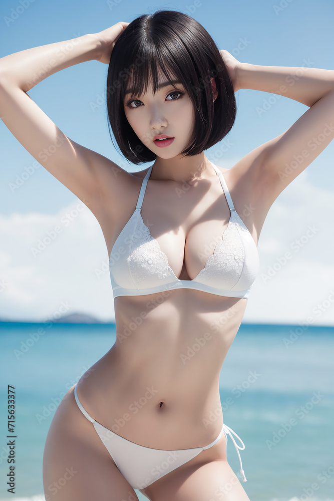 ビーチで両腕をあげポーズをとっている白いブラのアジア系美女モデル ビーチで両腕をあげポーズをとっている白いブラのアジア系美女モデル