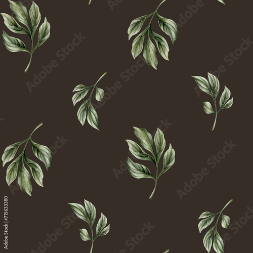 Floral watercolor seamless pattern with green peony leaves on dark background. For design, fabric, wrapping