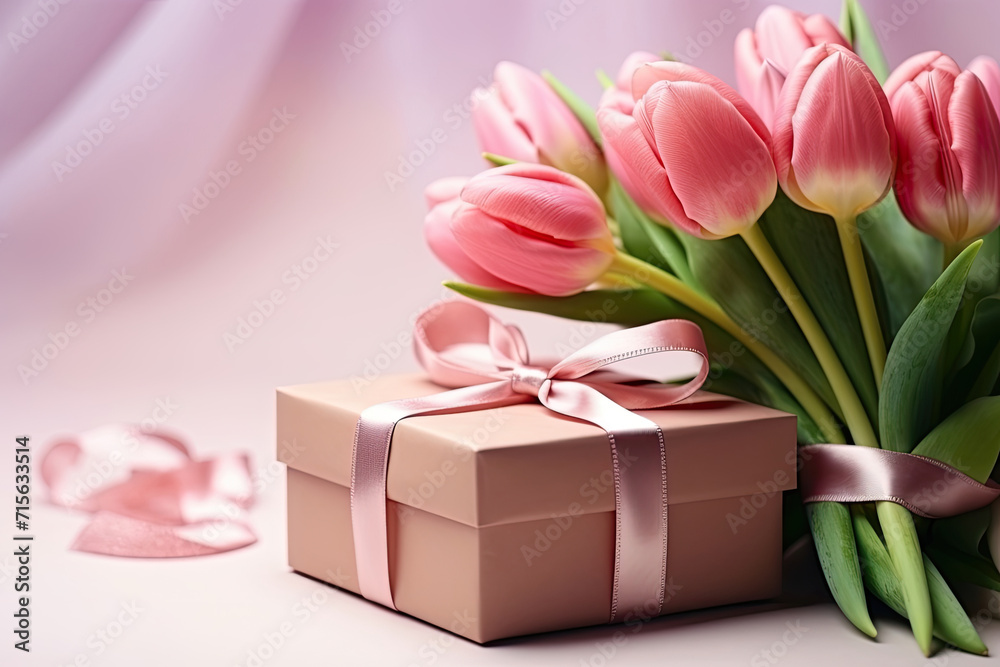 Fototapeta premium Mother's Day Celebration Concept, Pink Tulip Flowers Bouquet and Gift Box with Ribbon on Isolated Pastel Women's Day Pink Background