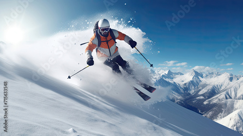 Winter Sports, Professional Skier Jumping on White Snow, Snowboarding Downhill Slope in Mountain Landscape © RBGallery