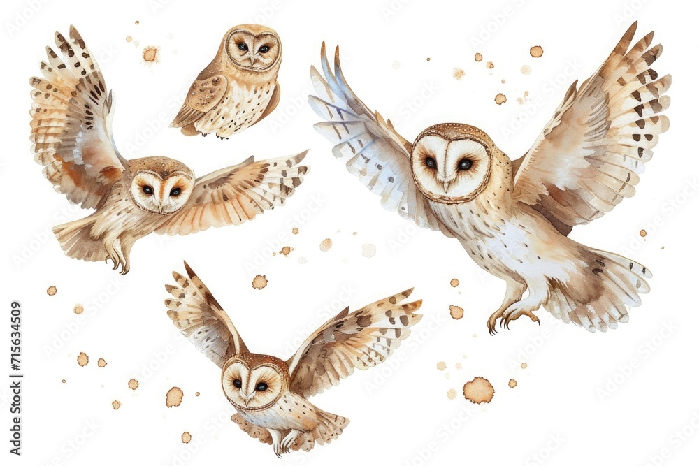 Obraz premium watercolor of cute owls flying, white background