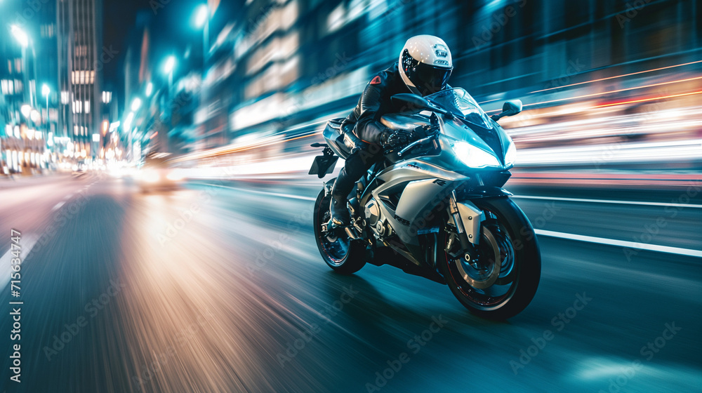 Rider on a sport motorcycle speeding on an urban road. Cityscape passing by in a blur. Evening lights. The rush and exhilaration of city riding