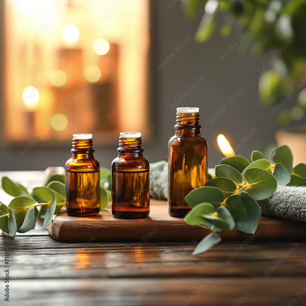 Elegant presentation of eucalyptus essential oil and leaf extracts with spa accessories. Organic essence. Perfect for a luxurious and natural spa concept Elegant presentation of eucalyptus essential oil and leaf extracts with spa accessories. Organic essence. Perfect for a luxurious and natural spa concept