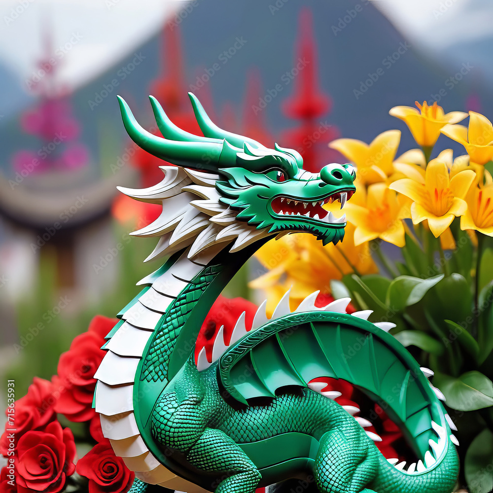 Chinese New Year greeting card, Chinese green wooden dragon on elegant background, Chinese New Year 2024,	
